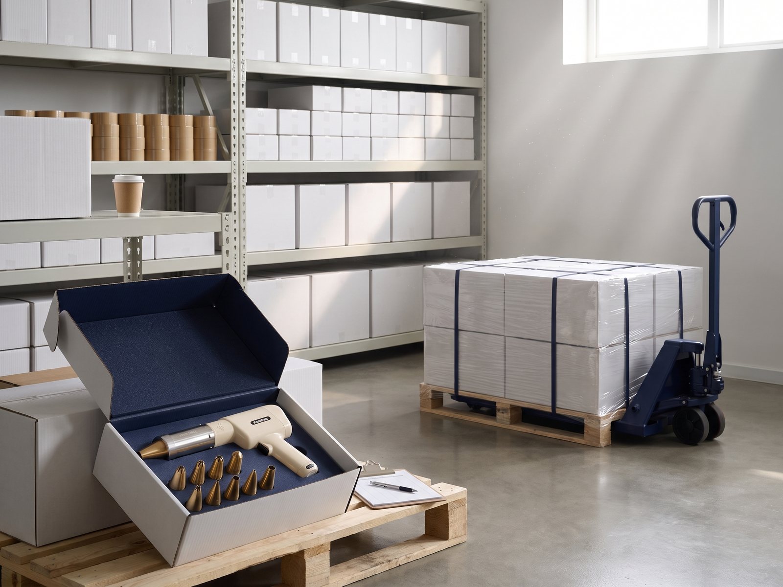 A navy kuemue puzzle piece locking into a gold one, a kuemue delivery truck and boxes